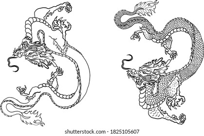 Japanese blue dragon tattoo.Dragon on white isolated background for Chinese New Year.Gold Chinese Dragon vector.Gold line art King Dragon tattoo.cartoon vector for t-shirt.