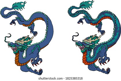 Japanese blue dragon tattoo.Dragon on white isolated background for Chinese New Year.Gold Chinese Dragon vector.Gold line art King Dragon tattoo.cartoon vector for t-shirt.