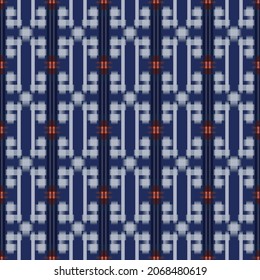 Japanese Blue Embroidery Plaid Vector Seamless Pattern