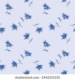 Japanese Blue Flower Fall Vector Seamless Pattern