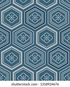 Japanese Blue Flower Hexagon Pattern