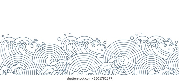 Japanese blue wave background vector. Wallpaper design with blue and white ocean wave pattern backdrop. Modern luxury oriental illustration for cover, banner, website, decor, border.