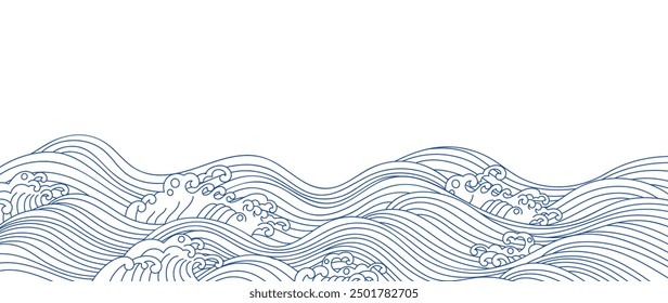 Japanese blue wave background vector. Wallpaper design with blue and white ocean wave pattern backdrop. Modern luxury oriental illustration for cover, banner, website, decor, border.