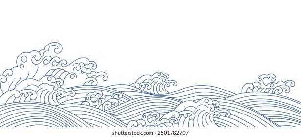 Japanese blue wave background vector. Wallpaper design with blue and white ocean wave pattern backdrop. Modern luxury oriental illustration for cover, banner, website, decor, border.