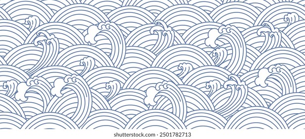 Vector de fondo de onda azul japonés. Diseño de Fondo de pantalla con fondo azul y blanco sin fisuras del patrón de la onda del océano. Ilustración oriental de lujo moderno para portada, Anuncio, Sitio web, decoración, borde.