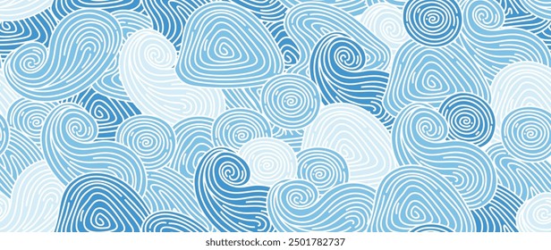 Vector de fondo de onda azul japonés. Diseño de Fondo de pantalla con fondo azul y blanco sin fisuras del patrón de la onda del océano. Ilustración oriental de lujo moderno para portada, Anuncio, Sitio web, decoración, borde.