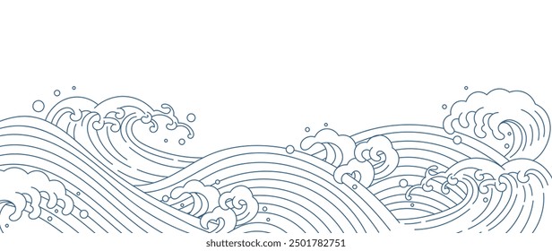 Japanese blue wave background vector. Wallpaper design with blue and white ocean wave pattern backdrop. Modern luxury oriental illustration for cover, banner, website, decor, border.