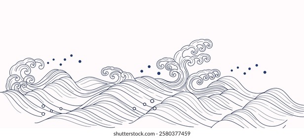 Japanese blue wave background vector. Wallpaper design with blue and white ocean wave pattern backdrop. Modern luxury oriental illustration for cover, banner, website, decor, border.