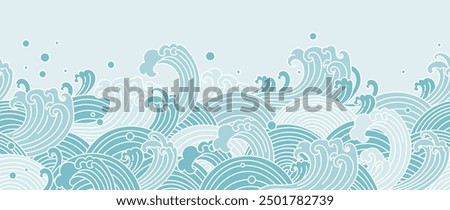 Japanese blue wave background vector. Wallpaper design with blue and white seamless ocean wave pattern backdrop. Modern luxury oriental illustration for cover, banner, website, decor, border.