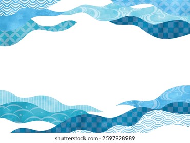 Japanese blue wave pattern frame watercolor