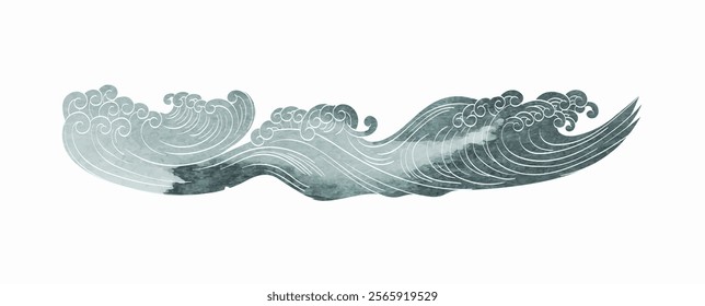 Japanese blue wave template vector. Wallpaper design with ocean sea pattern backdrop. Modern elegant oriental illustration for cover, banner, website, decor, border. Watercolor painting texture.