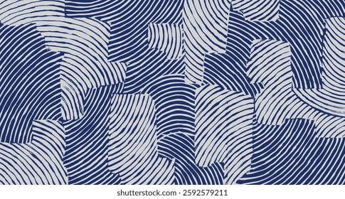 Japanese Blue and white brush line abstract hand drawn collage wave pattern, tribal and ethnic folk wood carving, block print textured surface background. simple monochromatic graphic for textile