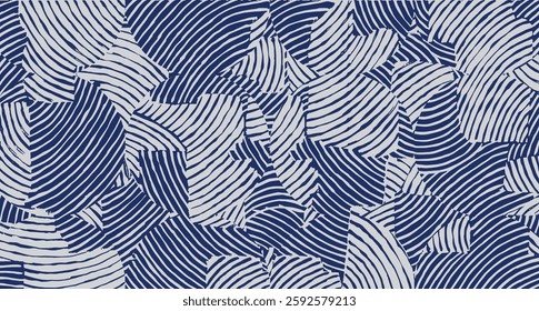 Japanese Blue and white brush line abstract hand drawn collage wave pattern, tribal and ethnic folk wood carving, block print textured surface background. experimental graphic for textile, decoration