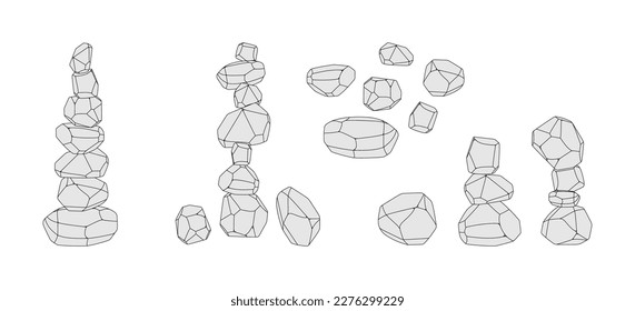 Japanese board game Tumi ishi. Vector illustration on a white background. Wooden polygonal stones for the construction of a high tower. Wooden blocks in a row. Japanese board game meditation