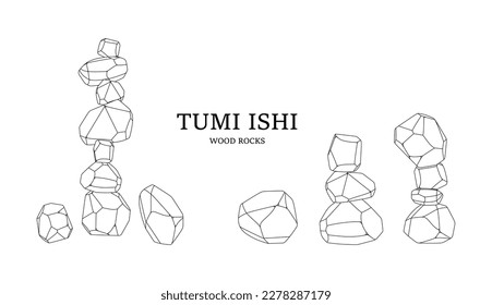 Japanese board game Tumi ishi. Vector illustration on a white background. Wooden polygonal stones for the construction of a high tower. Wooden blocks in a row. Japanese board game meditation