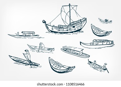 japanese boats ship sketch vector  illustration ink design elements