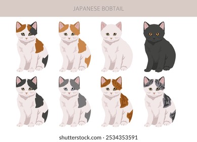 Japanese bobtail cat clipart. All cat breeds characteristics infographic. Vector illustration