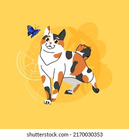 Japanese bobtail cat on yellow background. Domestic animal character vector flat illustration