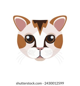 Japanese Bobtail kitten face, head of cute calico cat with spots vector illustration