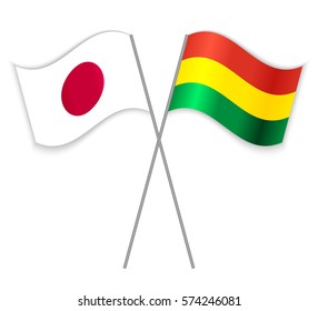 Japanese and Bolivian crossed flags. Japan combined with Bolivia isolated on white. Language learning, international business or travel concept.