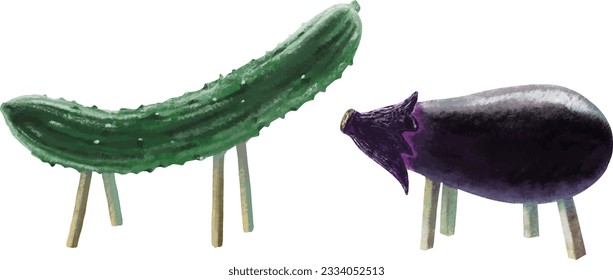 Japanese Bon Spirit horse made of cucumber and eggplant, hand-painted