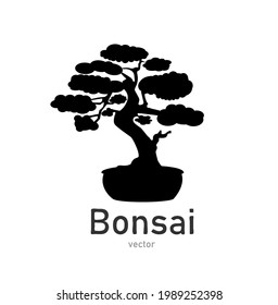 Japanese bonsai tree. Black logo, tree icon. Bonsai silhouette vector illustration on isolated white background. Ecology, nature, bio concept. Design template. Text can be replaced.