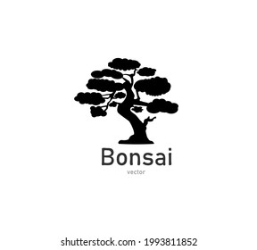 Japanese bonsai tree. Black logo, tree icon. Bonsai silhouette vector illustration on isolated white background. Ecology, nature, bio concept. Design template. Text can be replaced.