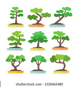 Japanese bonsai tree. Flat icon set. Small garden plants with leaves in the pots. Decorative houseplants isolated on white background. Vector illustration  