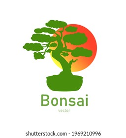 Japanese bonsai tree. Green logo, icon of a tree in a pot on a background of the sun. Bonsai silhouette vector illustration on isolated white background. Ecology, nature, bio concept. Design template.