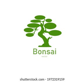 Japanese bonsai tree. Green logo, tree icon. Bonsai silhouette vector illustration on isolated white background. Ecology, nature, bio concept. Design template. Text can be replaced
