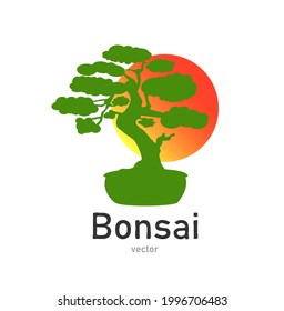 Japanese bonsai tree. Green logo, icon of a tree in a pot on a background of the sun. Bonsai silhouette vector illustration on isolated white background. Ecology, nature, bio concept. Design template