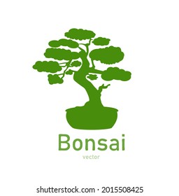Japanese bonsai tree. Green logo, potted tree icon. Bonsai silhouette vector illustration on isolated white background. Ecology, nature, bio concept. Design template. Text can be replaced.