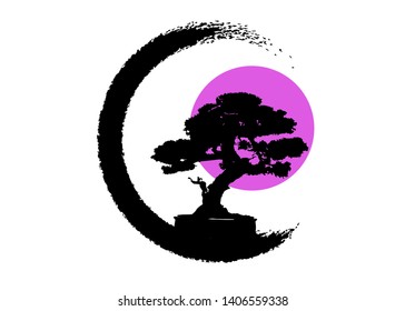 Japanese bonsai tree logo, black plant silhouette icons on white background, green ecology silhouette of bonsai and pink moon or sun. Detailed image. Bio nature concept. Japanese icon. Vector isolated