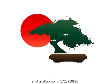 Japanese bonsai tree logo, black plant silhouette icons on white background, green ecology silhouette of bonsai and red sunset. Detailed image. Bio nature concept. Japanese flag icon. Vector isolated