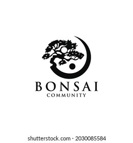 Japanese bonsai tree logo, black plant silhouette icon on white background, bonsai silhouette and moon. Detailed drawings. Bio-nature concept. Japanese icon. isolated vector