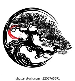 Japanese bonsai tree logo, black plant silhouette icons on white background, green ecology silhouette of bonsai and red sunset. Detailed image. Bio nature concept. Ideogram Japanese : bonsai. Isolated