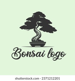 Japanese bonsai tree logo, black plant silhouette icons on white background