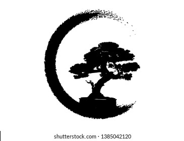 Japanese bonsai tree logo, plant silhouette icons on white background, green ecology, black silhouette of bonsai. Detailed image. Bio nature concept. Vector isolated