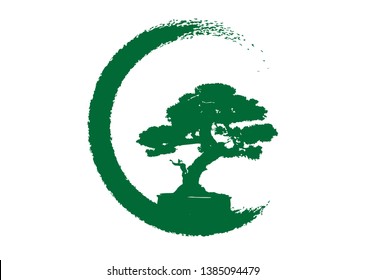 Japanese bonsai tree logo, plant silhouette icons on white background, green ecology silhouette of bonsai. Detailed image. Bio nature concept. Vector isolated