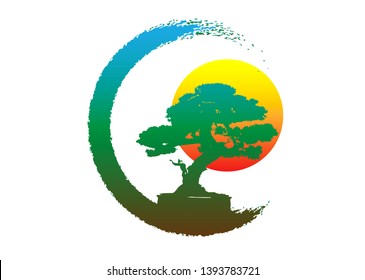 Japanese bonsai tree logo, plant silhouette icons on white background, green ecology silhouette of bonsai and sunset. Detailed image. Bio nature concept. Vector isolated