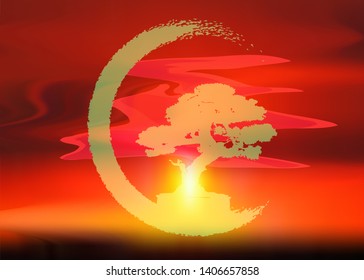 Japanese bonsai tree logo, plant silhouette icons, tree of Life silhouette of  red sunset sky background. Detailed image. Bio nature concept. Meditation Japanese emblem icon, peace of universal light