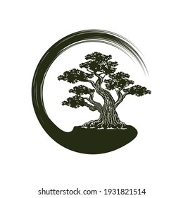 Japanese bonsai tree logo, plant silhouette icons on white background, green ecology silhouette of bonsai and sunset. Detailed image. Bio nature concept. Vector isolated,Natural Bonsai tree logo.