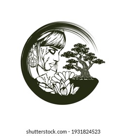 Japanese bonsai tree logo, plant silhouette icons on white background, green ecology silhouette of bonsai and sunset. Detailed image. Bio nature concept. Vector isolated, Natural Bonsai tree logo.