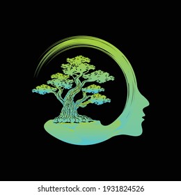 Japanese bonsai tree logo, plant silhouette icons on white background, green ecology silhouette of bonsai and sunset. Detailed image. Bio nature concept. Vector isolated, Natural Bonsai tree logo.