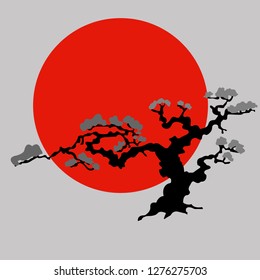 Japanese bonsai tree on a background of red sun. Colorful poster of Japan - travel to Japan. Japan and the Land of the Rising Sun. Vector illustration with travel place and landmark.