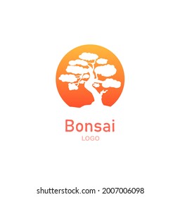 Japanese bonsai tree. Orange round logo, tree icon. Bonsai silhouette vector illustration on isolated white background. Ecology, nature, bio concept. Design template. Text can be replaced.