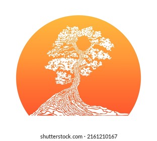Japanese bonsai tree. Orange round logo, tree icon. Bonsai silhouette vector illustration on isolated white background. Ecology, nature, bio concept. Sunset with tree silhouette. Design template.