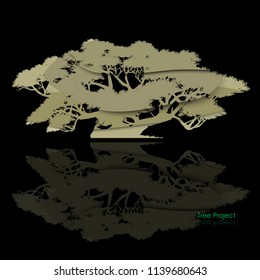 Japanese bonsai tree of Paper carve style, plant silhouette icons on white background, Black silhouette of bonsai. Detailed image. Vector