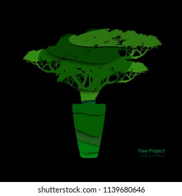 Japanese bonsai tree of Paper carve style, plant silhouette icons on white background, Black silhouette of bonsai. Detailed image. Vector