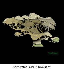 Japanese bonsai tree of Paper carve style, plant silhouette icons on white background, Black silhouette of bonsai. Detailed image. Vector